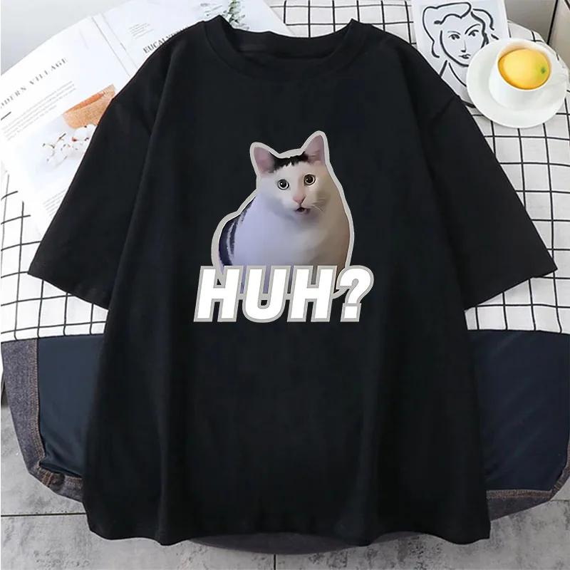 Women Unisex T-Shirts Cute Huh Cat Meme Funny Cool Classic Harajuku Aesthetic T-shirt Vintage Unisex Streetwear Cotton Tops