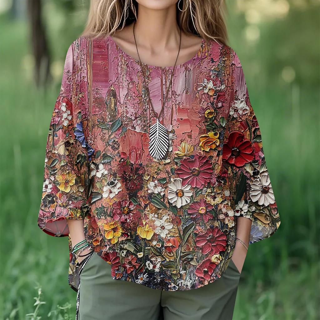 Summer Tops For Women Cute V Neck 3/4 Sleeve Blouses Floral Print Top Casual Shirts