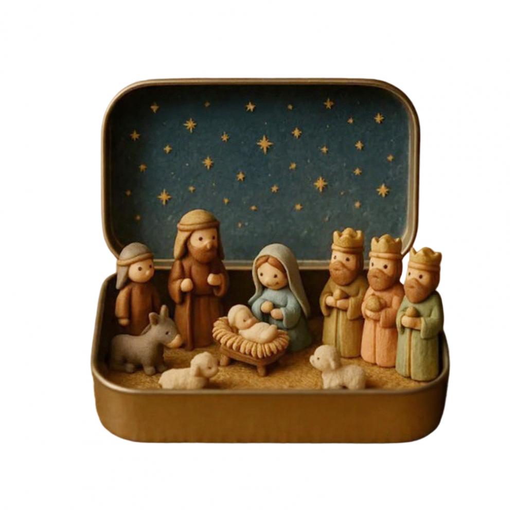 Holiday Exchange Gifts Handcrafted Miniature Christmas Nativity Set Tin Box Holy Family Ornament Pocket Nativity Scene Gift