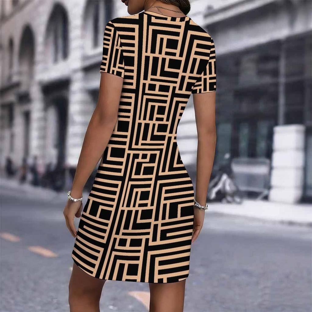 Fashion Womens Loose Xxhnmp85wu6m Pattern Print O Neck Short Sleeve Loose Streetwear A-line Dress