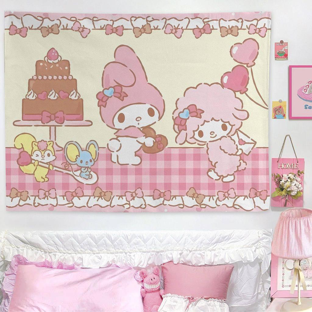 My Melody Sweet Bedroom Tapestry Cute Pastel Cartoon Wall Hanging Soft Polyester Print for Girls Bedroom Dorm Decor Kawaii