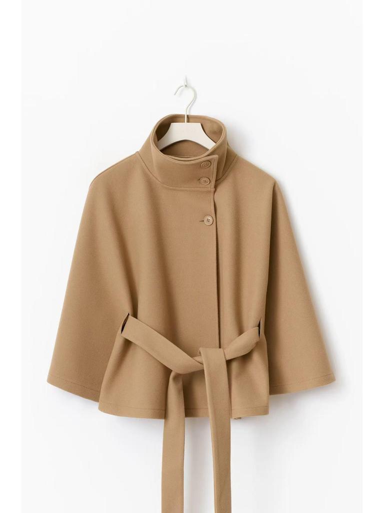 European & American Women's Trendy Loose Stand-Up Collar Bathrobe-Style Coat with Belt - In Stock