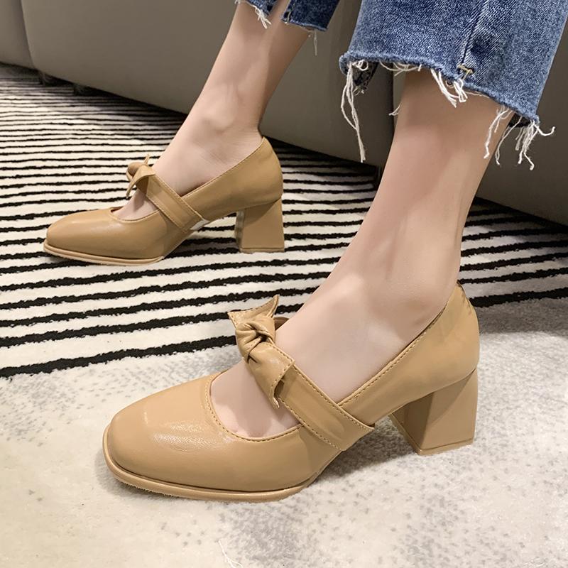 On Heeled with Bow Square Heels Japanese Style Lolita White High Mary Jane Gothic Shoes for Woman 2024 Women's Summer Footwear