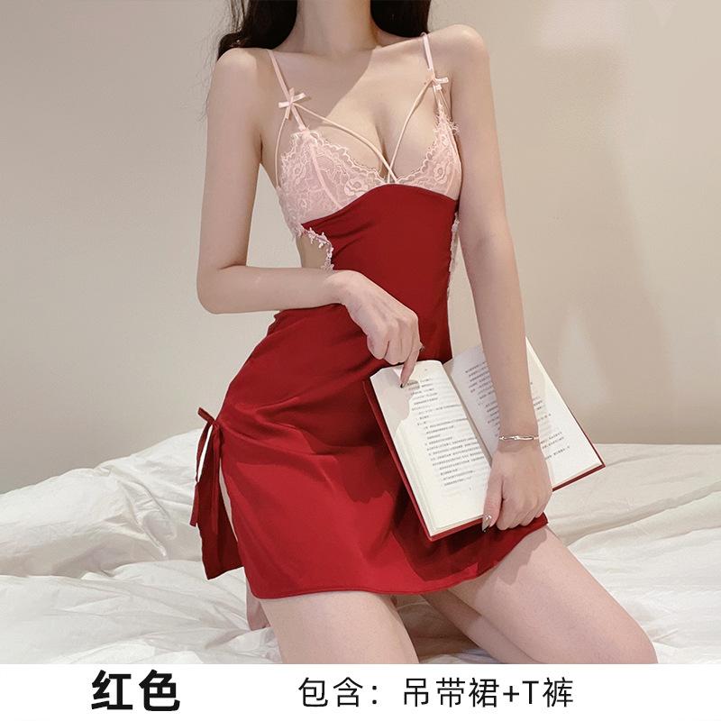 Spring and Autumn Women's Sexy Pajamas Deep V Satin Private Room Hollow Halter Suspender Pajamas Loungewear Set
