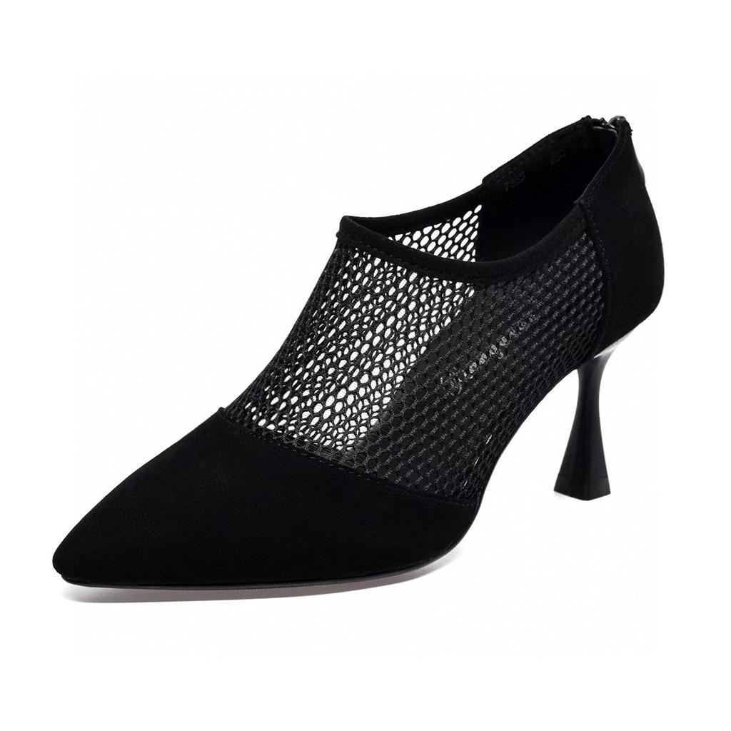 Pointed Mesh Shoes Women's 2025 Spring and Summer New European and American Style Mesh Yarn Hollow Single Shoes Rear Zipper Thin Heel Black Fashion