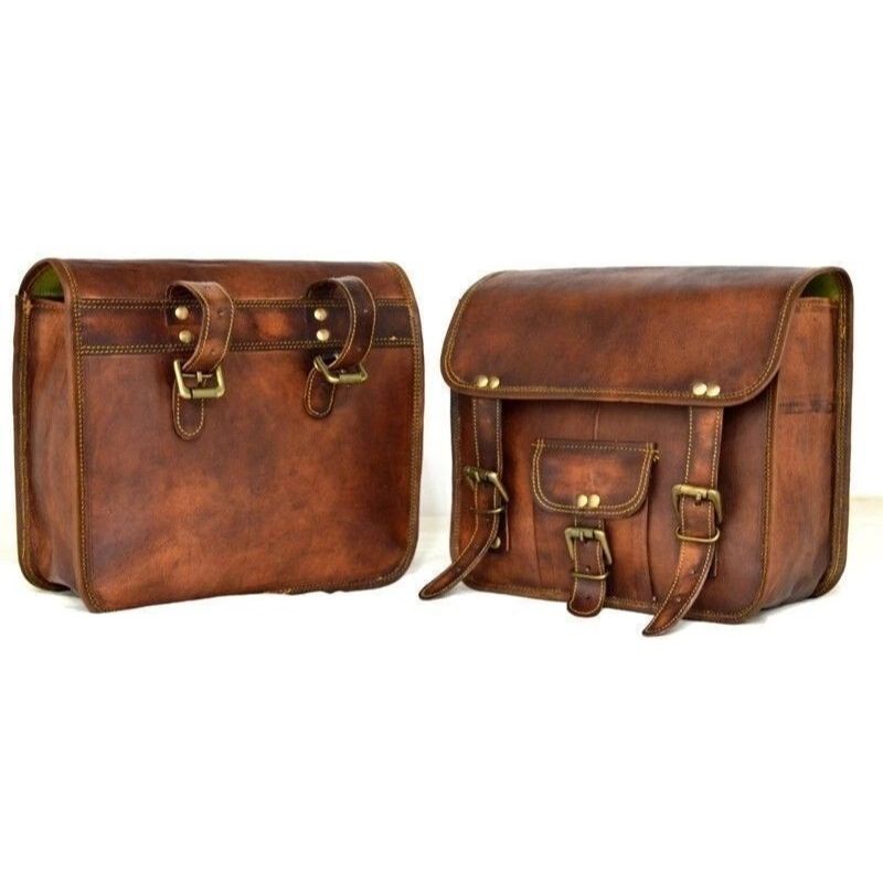Bag Leather Motorcycle Pouch 2 Side Saddlebag Saddle Panniers Brown Tool Storage
