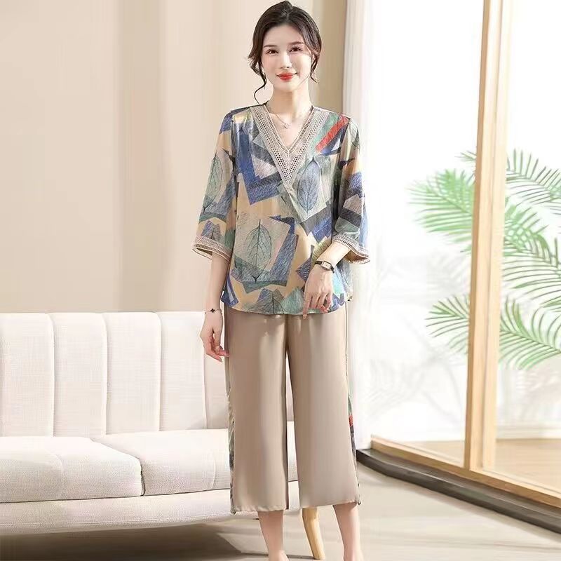 Damen-Hosenanzug-Set für Mütter mittleren Alters, Vintage-bedruckte Sommerkleidung, Hosen-Sets, lässiges zweiteiliges Outfit