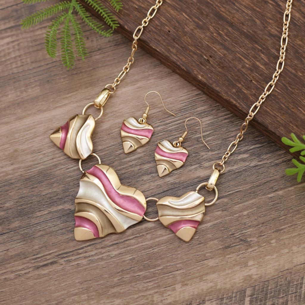 New enamel corrugated love earrings necklace set, women's high-end versatile heart necklace