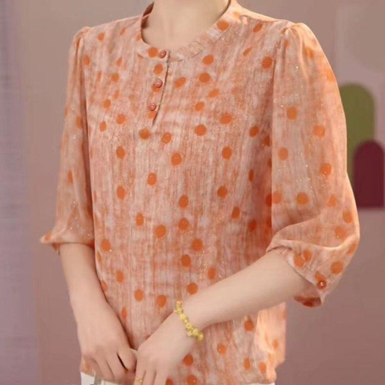 Elegant 2026 Age-Reducing Polka Dot Blouse - Stylish Three-Quarter Sleeve Summer Top