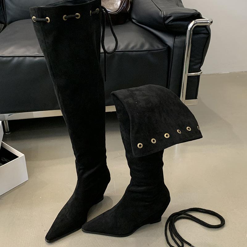 Miting Pointed Pile Boots Women's Boots 2025 Autumn and Winter Heel Suede Strap Pleated Retro Tall Knight Boots