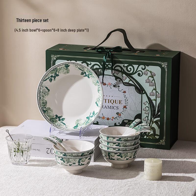 Blue and White Porcelain Ceramic Dinnerware Set 6 Bowls 6 Spoons 1 Plate