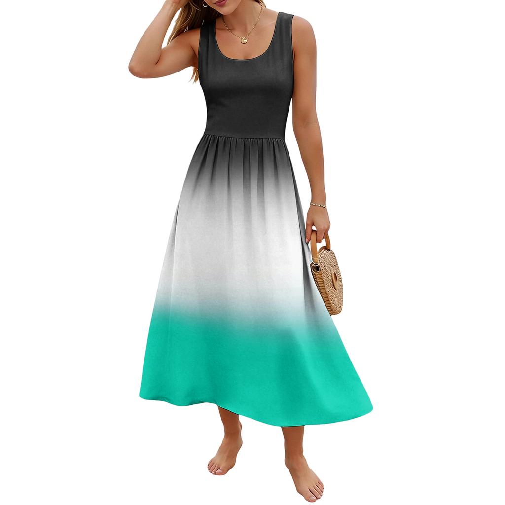 Ladies' gradient printed summer casual and fashionable sleeveless long dress