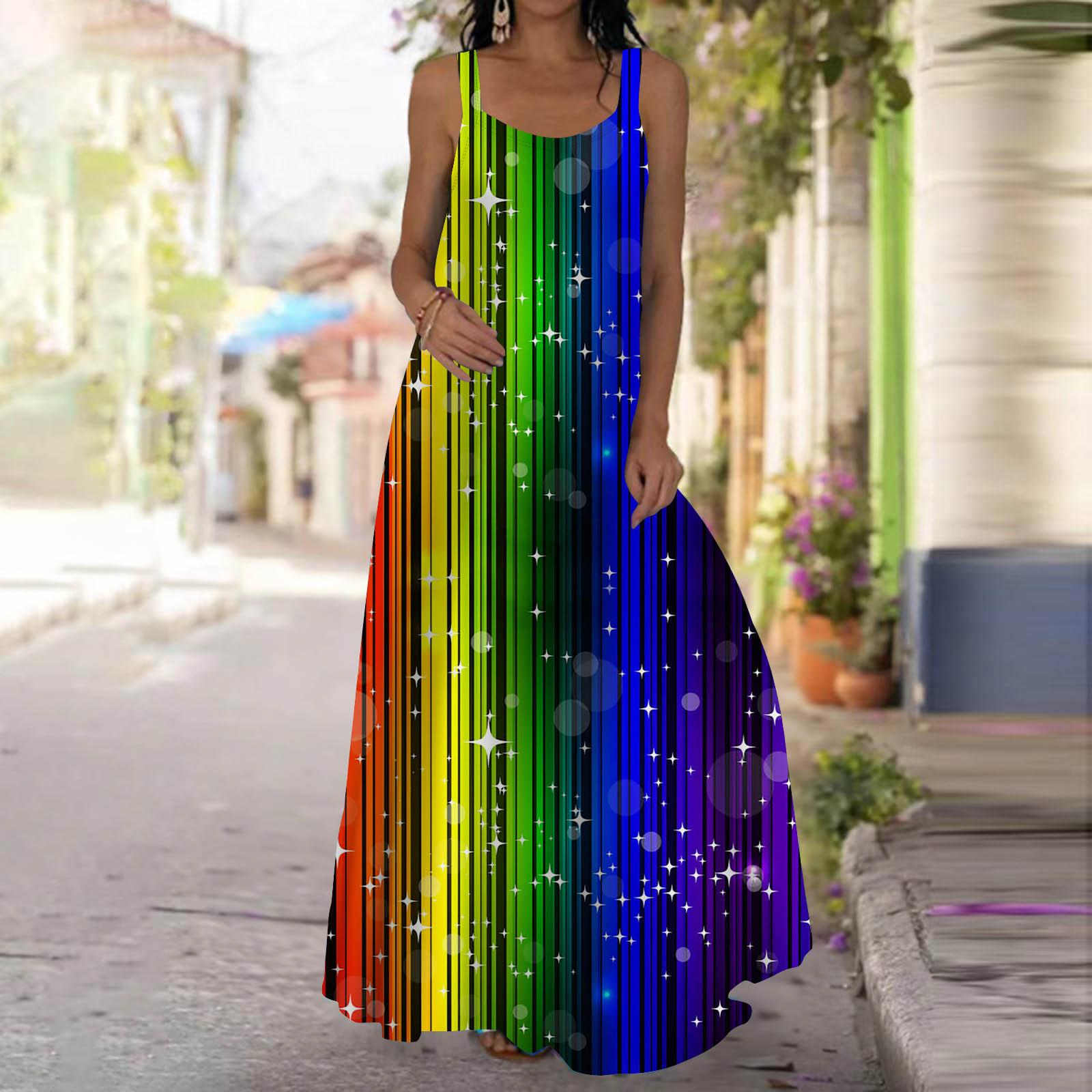 

Женское платье-комбинация Длинное платье макси Платье с принтом звездной радуги Весна и лето с v-образным вырезом Для отдыха и отпуска 3XL жёлтый