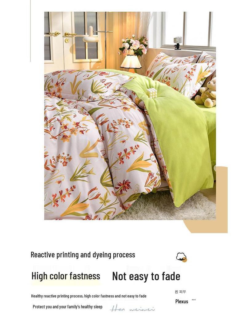 New Stylish Skin-Friendly Cotton Flannel Bedding Set - Thickened Plaid & Floral Design for Students