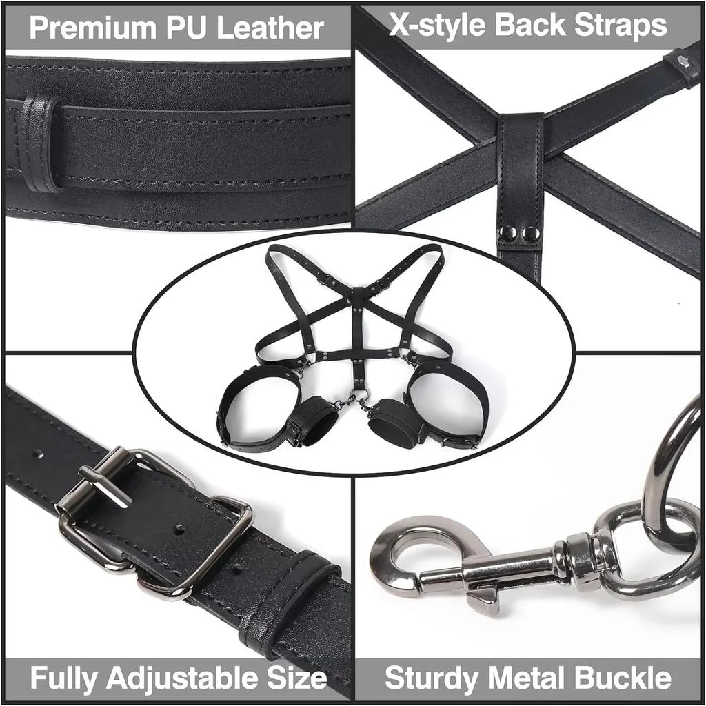 NEW  Sex Bondage Restraints Kit 3 in 1 Leather Thigh Sling Breasts Belt Behind Back Handcuffs Open Legs SM Slave Fetish