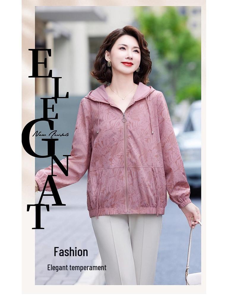Women's Sun Protection Printed Hooded Jacket - Breathable, Loose-Fit for Middle-Aged and Elderly