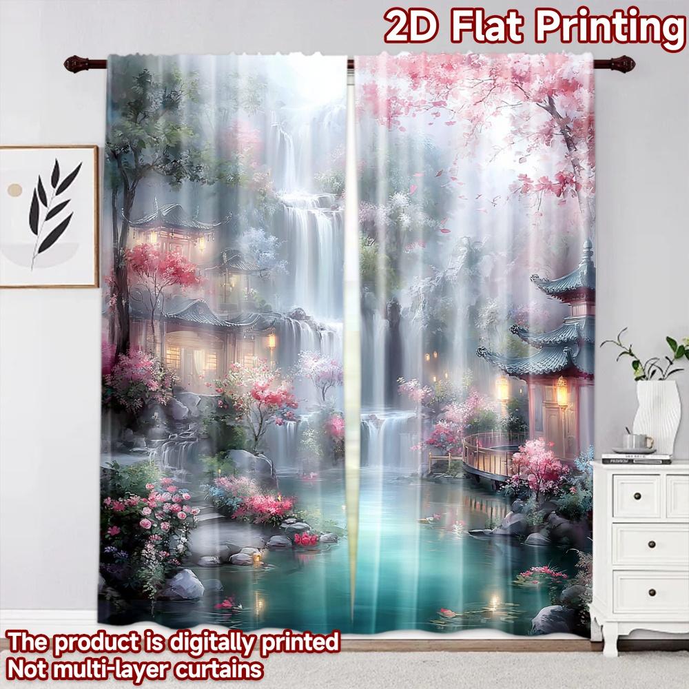 2D Flat Printing 2pcs Curtain Drapes Spring Waterfall Paradise Digital Printed Polyester Drapes Festive Curtains Perfect for
