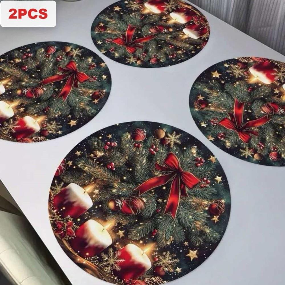 2PCS Anti-Slip Christmas Round Placemat Heat Resistant Christmas Dining Mat  Christmas Decor