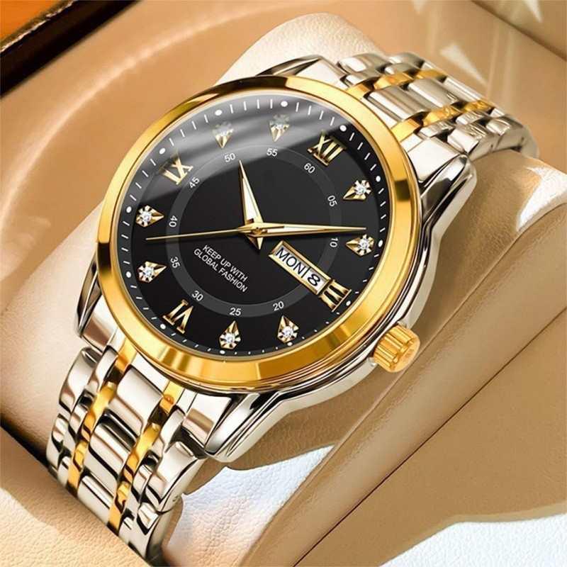 Swiss Luxury Men's Waterproof Quartz Watch with Dual Calendar & Luminous Steel Band