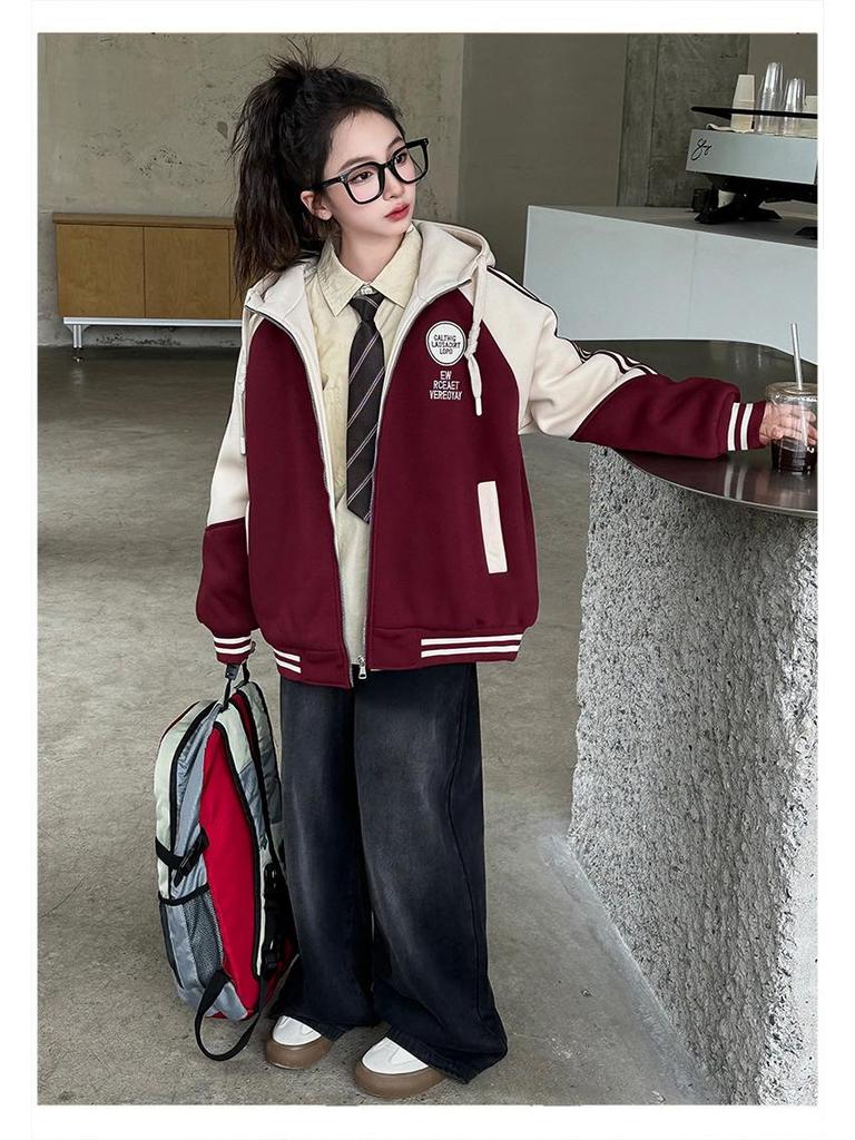 Girls' Winter Casual Coat 2025: Trendy Zip-Up with Round Logo, Thickened for Warmth