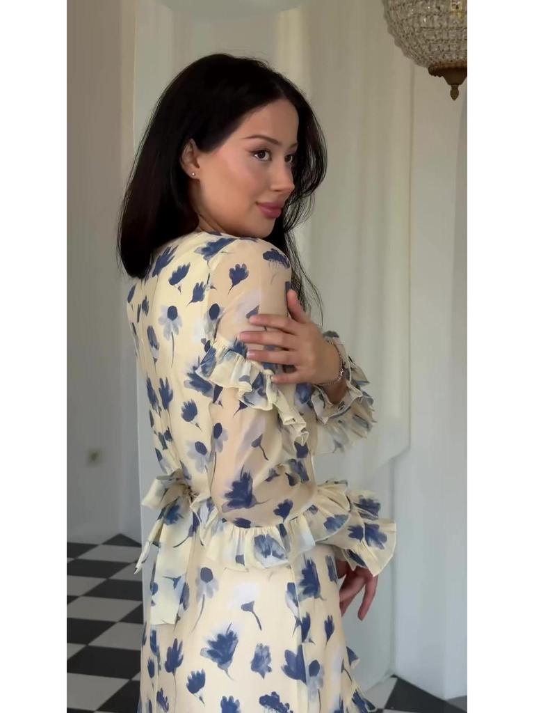 2024 Floral Print Women's Dress - Gentle Style, Round Neck, Long Sleeve, with Ruffles