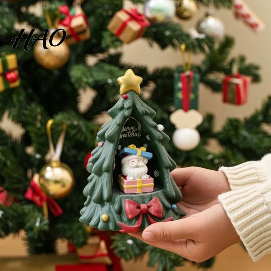 LED Night Light for Christmas Resin Tree Ornament with Built-in Warm Light, Santa Claus Figurine, Decorative Fireplace Accents Tabletop Holiday