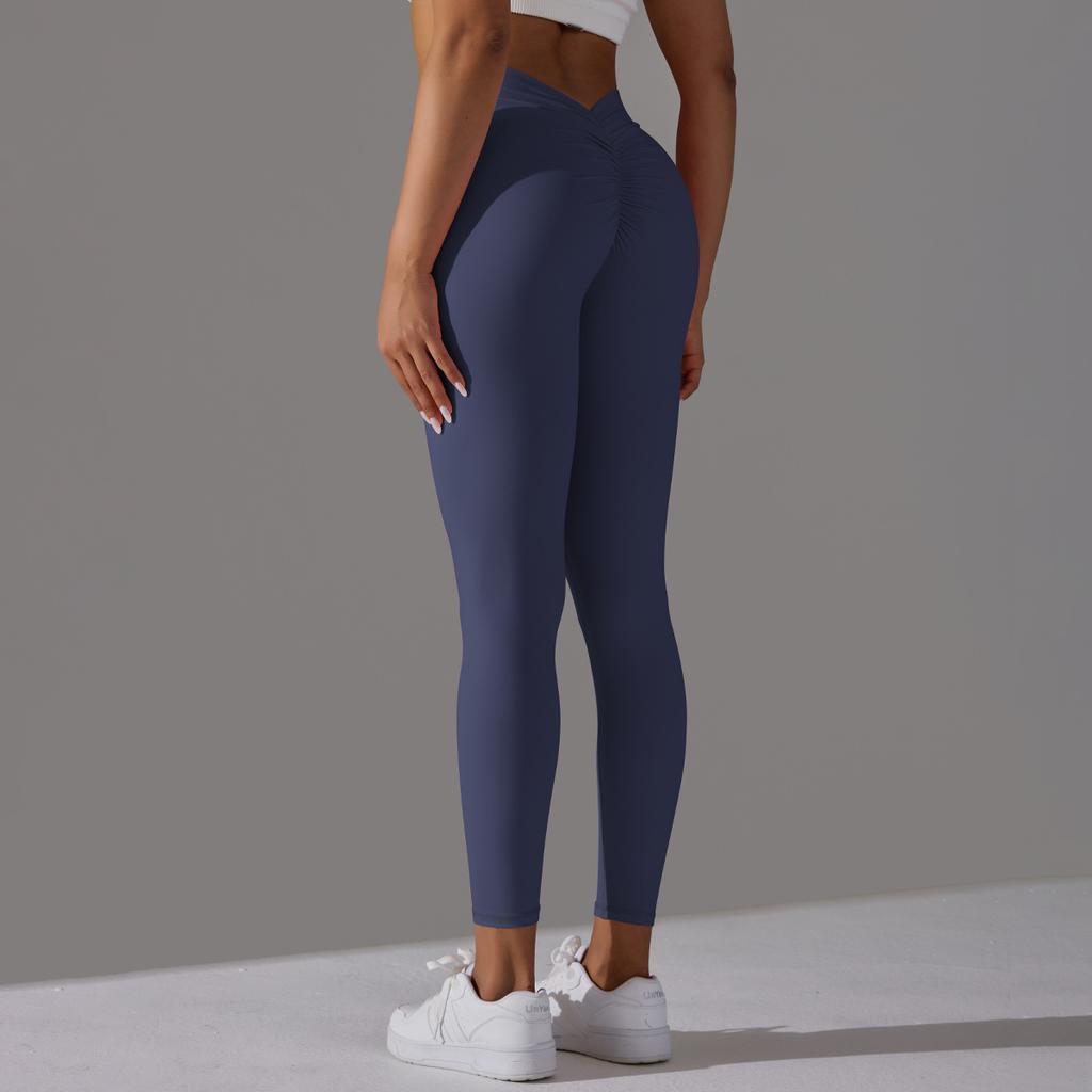 Brushed V-waist Pleated Solid Color Peach Hip Yoga Pants For Sports, Running, Fitness, Tight Fitting Cropped Pants