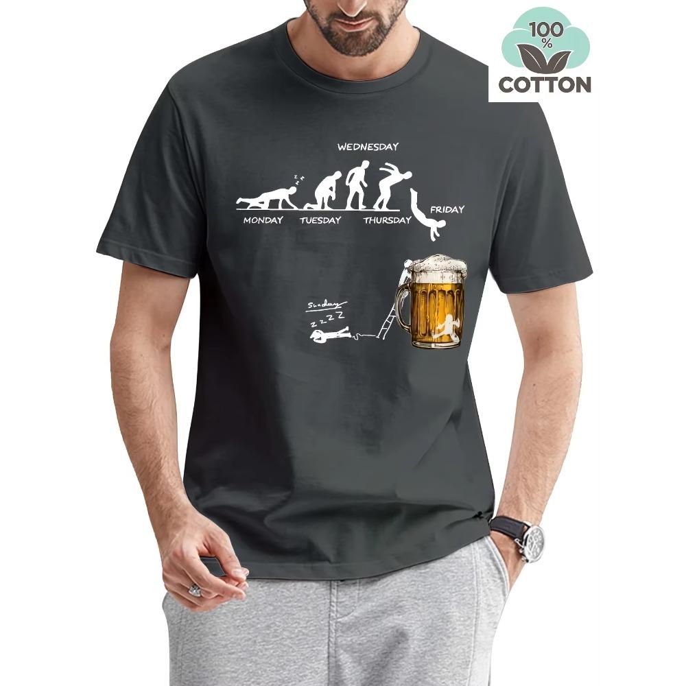 Men's Summer 100 Cotton Fashionable Casual Loose Large Fun Beer Pattern Printed Sports Round Neck Short Sleeve T-shirt Top