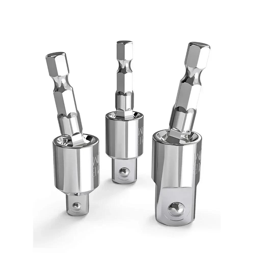 Hexagonal Shank To Quadrilateral Socket Universal Joint Rod Driver Connector 360 Degree Hand Drill Conversion Head 1/4"3/8"1/2"