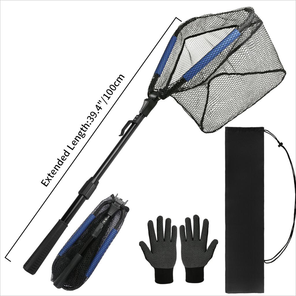 Folding Fishing Net With Non-Slip Gloves Storage Bag Telescoping Pole Handle Extend Landing Net Coated Nylon Mesh for Men Women