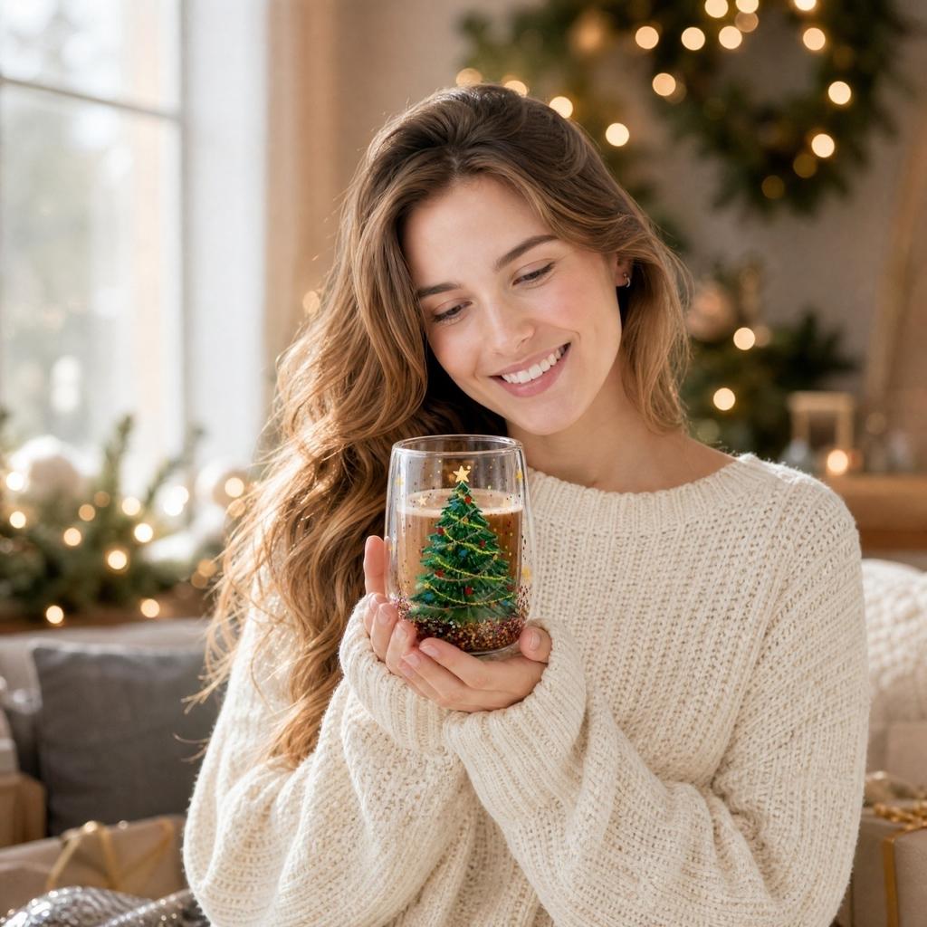 Christmas Tree Double Wall Glass Cup with Flowing Glitter for Hot and Cold Drinks