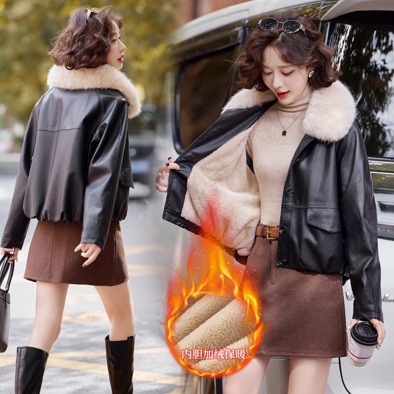 Fleece leather jacket short coat women's winter new thickened warm fashion leather jacket top