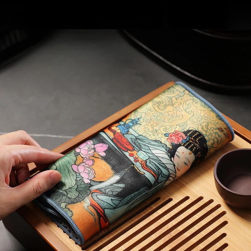 

Антикварное расписное чайное полотенце для кунг-фу, коврик для чайного сервиза, прочный водопоглощающий плотный хлопковый бархат, аксессуары для чайного сервиза