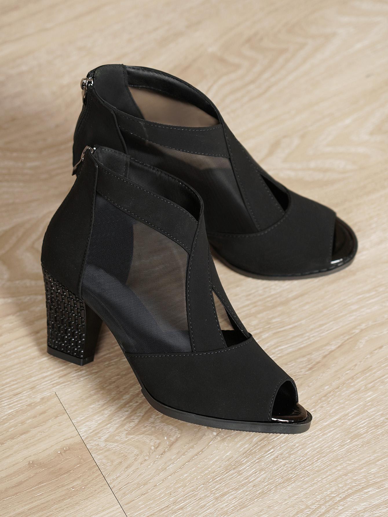 

Сапоги на высоком толстом каблуке для женщин 2024 года, горячая распродажа, летняя женская обувь на молнии, повседневные женские сапоги без застежек с открытым носком 39 чёрный