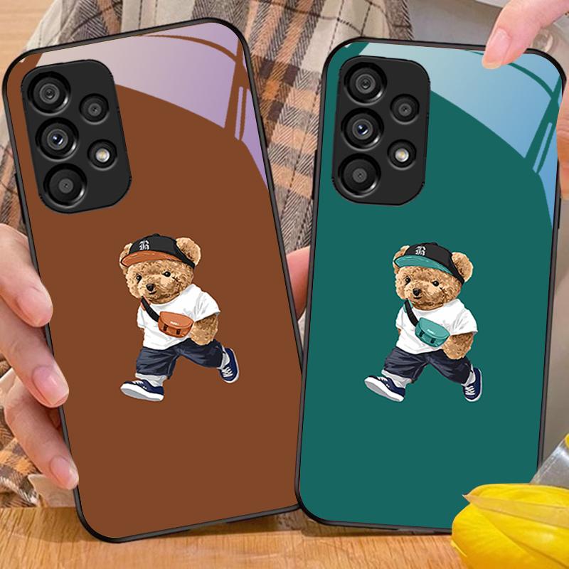 Backpack Bear White For Samsung Galaxy S 8 9 10 20 Plus 21 FE 22 23 24 Ultra S7 Edge Black Tempered Glass Phone Case Hard Shell