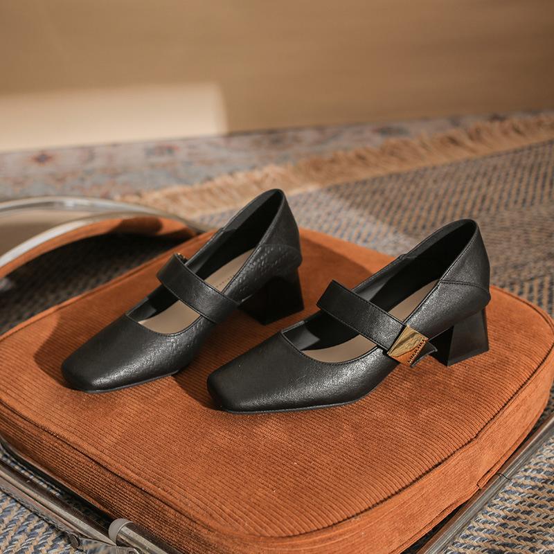 Square head single shoes women's new spring and autumn retro thick heel one-word buckle high heels color matching fashion women's shoes