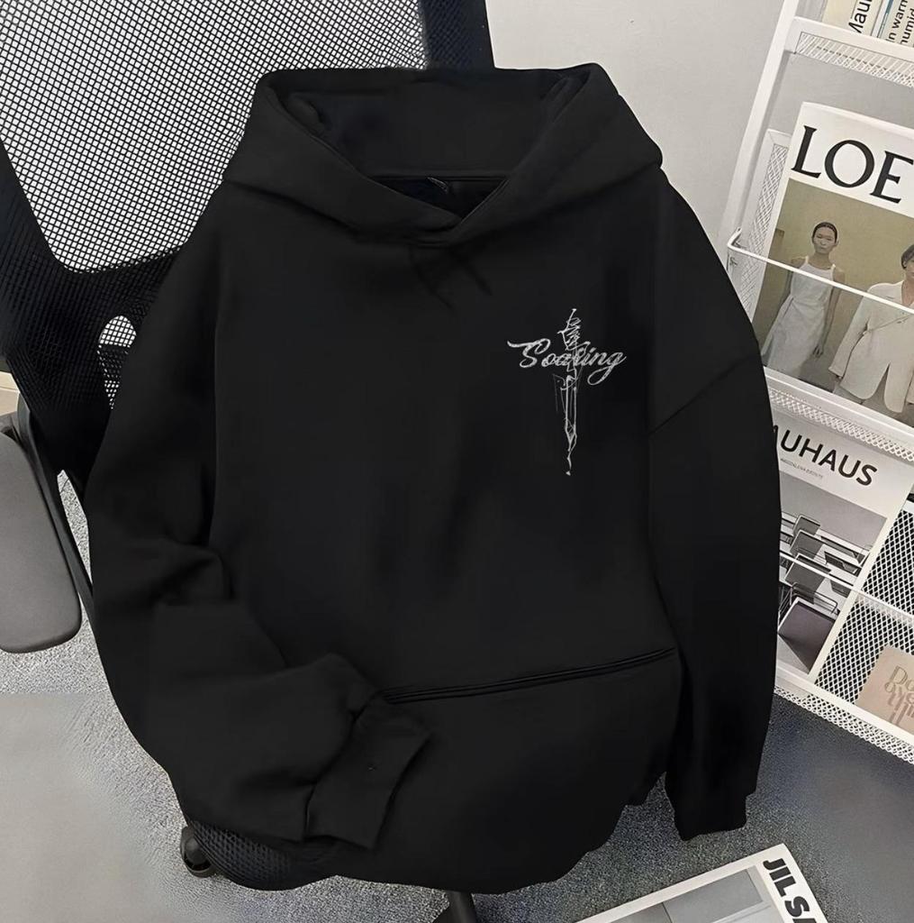 Felpa con Cappuccio da Uomo Taglie Forti con Stampa ad Ali - Streetwear Americano Trendy, Autunno/Inverno, Foderata in Velluto, Vestibilità Casual Ampia