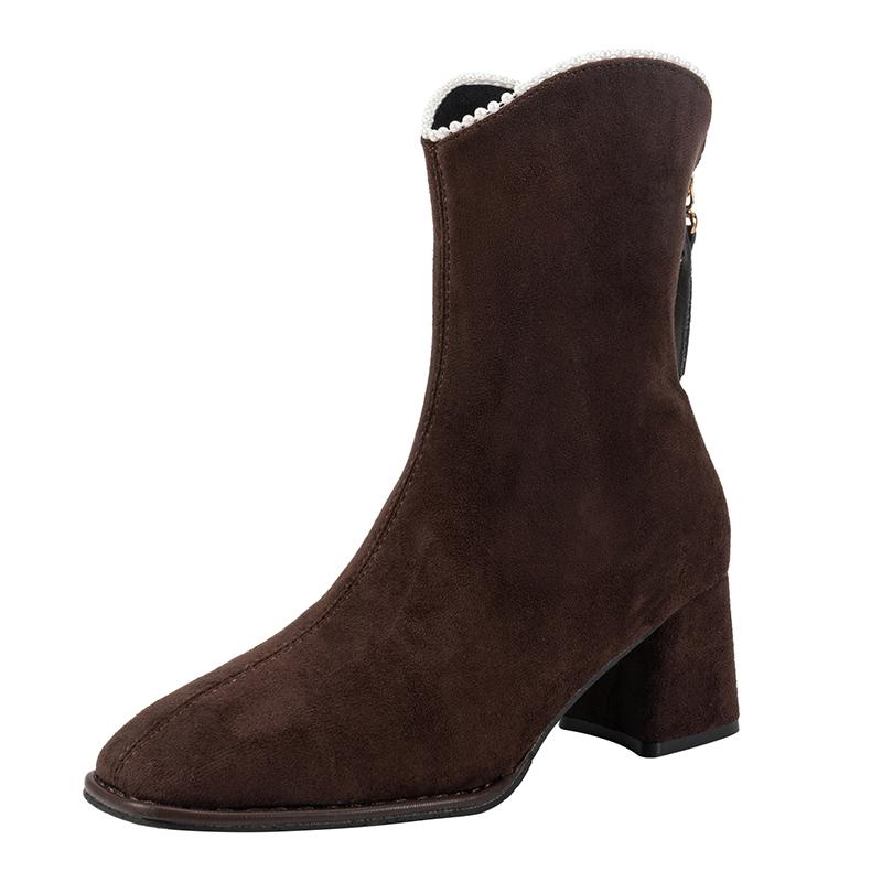 

Женские ботильоны до бедра на блочном каблуке с бисером, зимние, новые, с квадратным носком, замшевые, на задней молнии, нескользящие туфли-лодочки 40