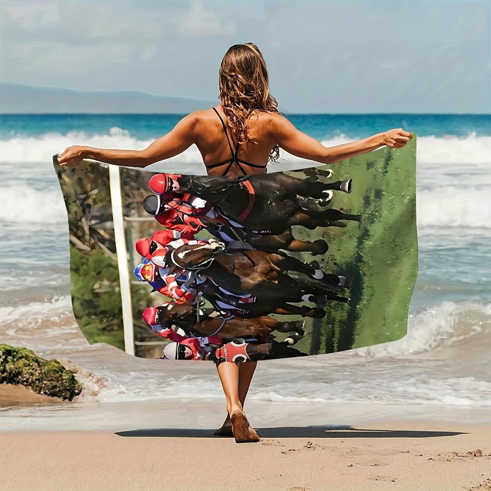 1pc Beach Towel, Horses and Jockeys in a Thrilling Race, Perfect for Beach, Surfing, Swimming, Camping, Machine Washable, Ideal
