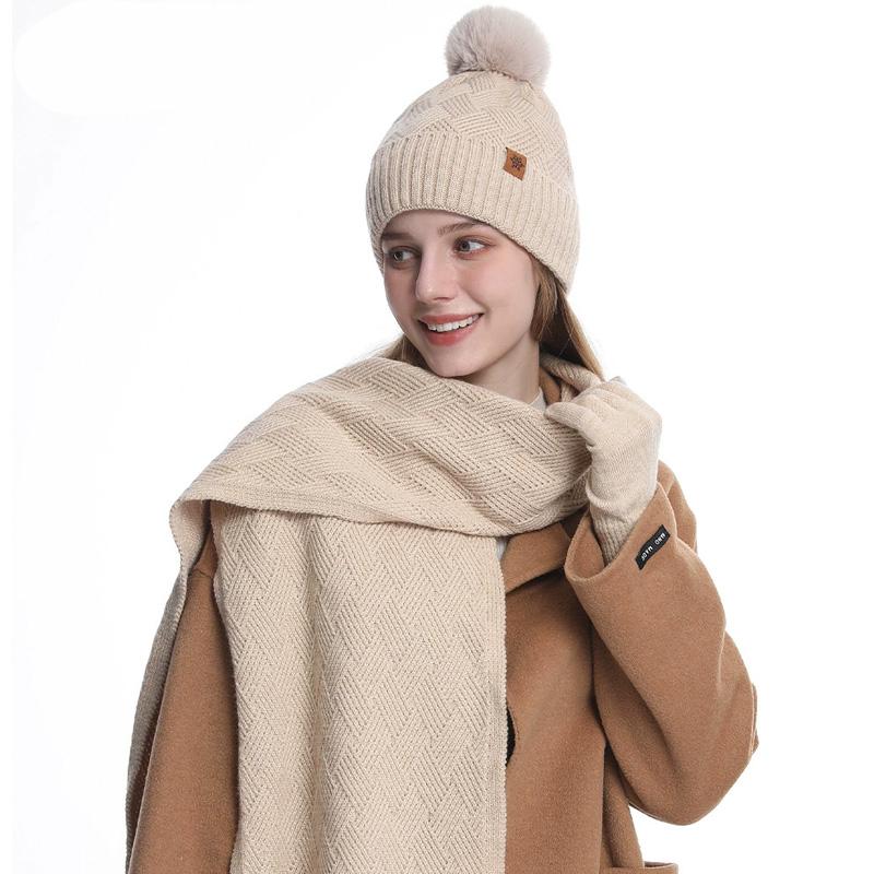 3pcs/set Hat Scarf For Women Gloves Set Outdoor Riding With Touch Screen Winter Pompom Hat Knit Beanie Fleece Lined
