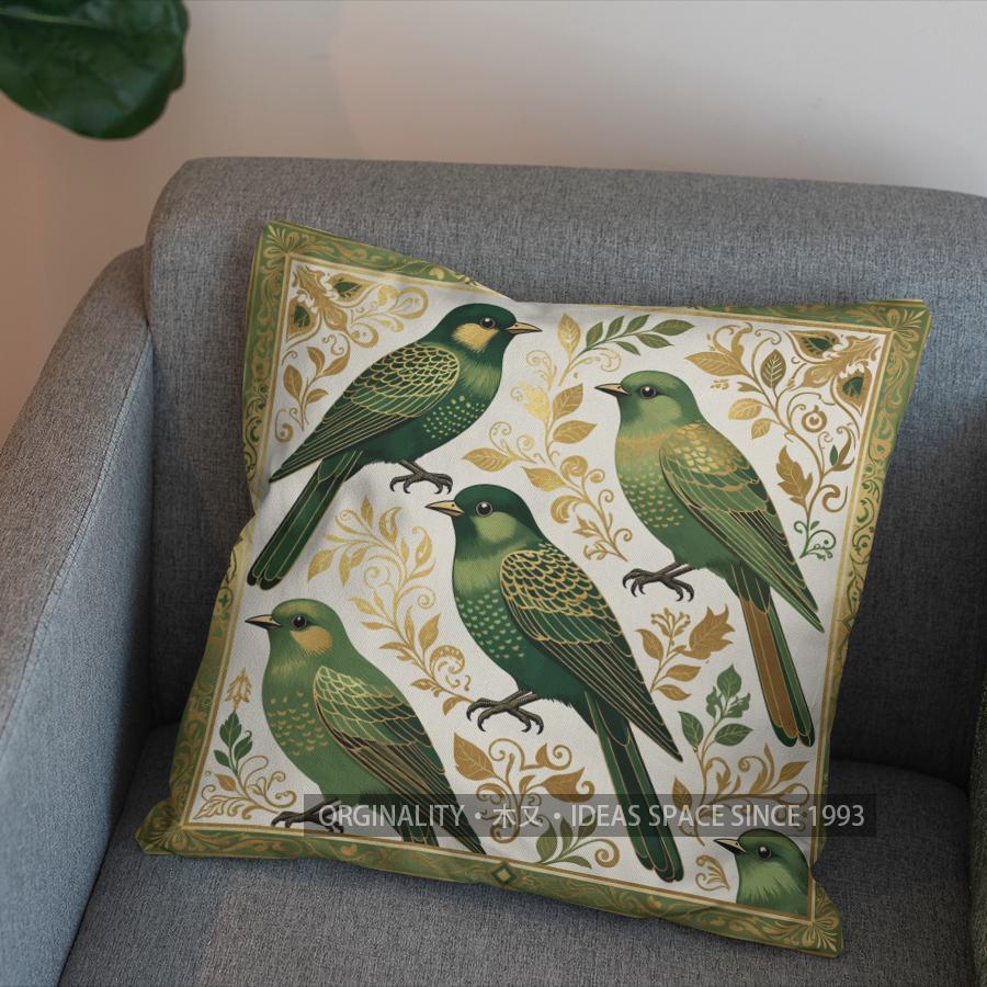 2D Flying Green Birds With Gold Stars Pillow Cover Pattern Cushion Cover Suitable For Sofa Bedroom Car Pillow Cover