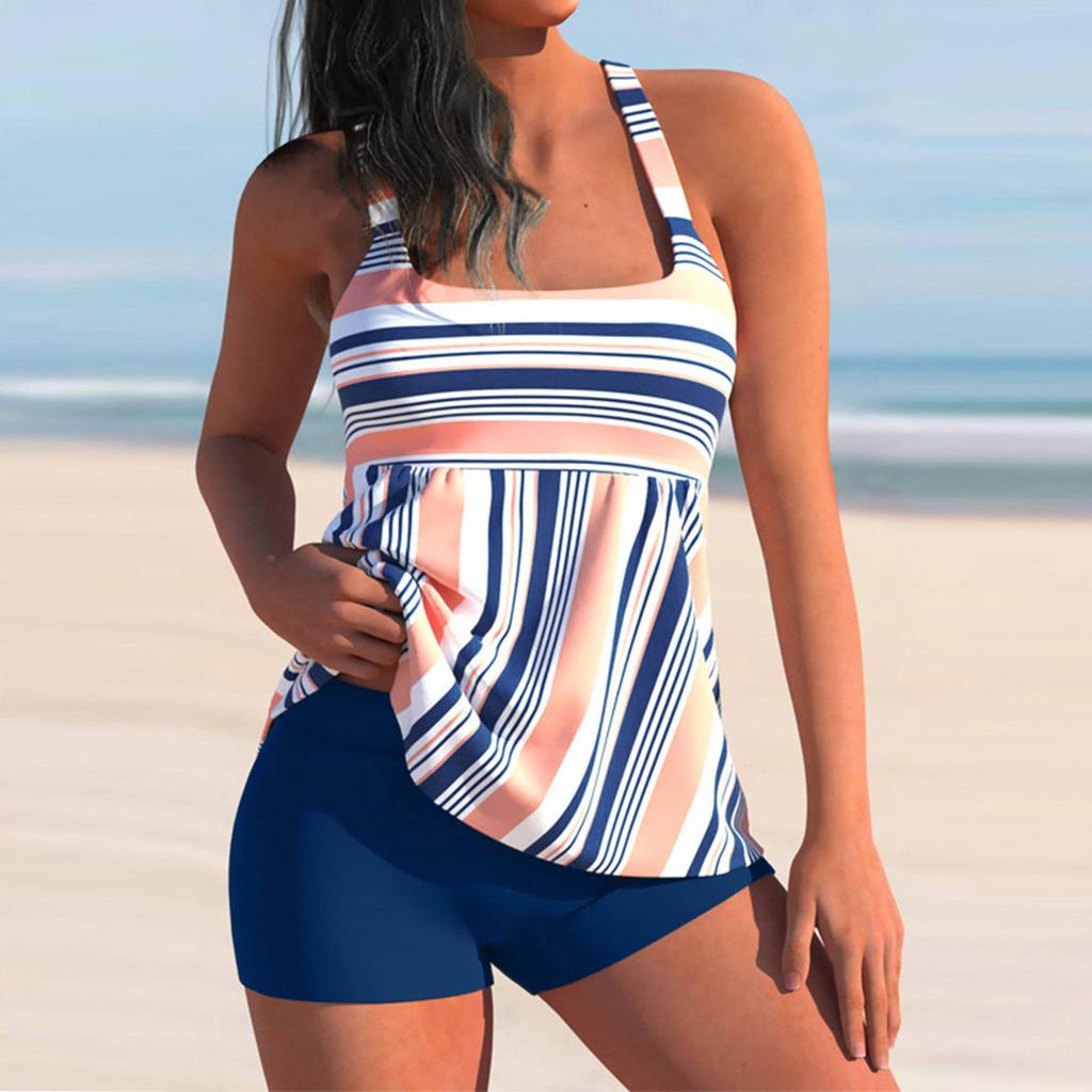 Womens Plus Size  Set Strappy Stripe Bikini Push Up Swimsuit Swimwear Beachwear