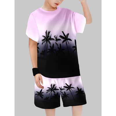 Summer Boys' Casual Sports Short Sleeved Shorts 2-piece Set, Gradient Coconut Tree 3D Printed Pattern