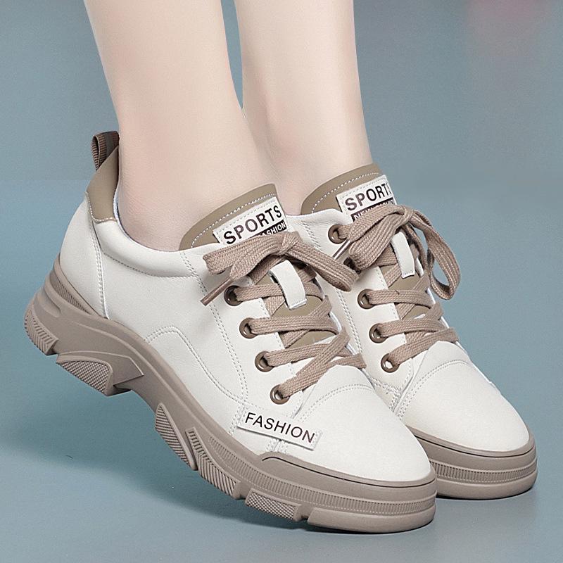 Women's Spring 2024 Lace-up White Shoes - Versatile, Soft & Thick Sole Casual Sneakers