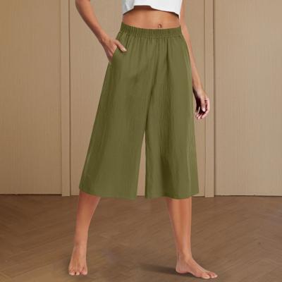 Women Cropped Pants Elastic High Waist Straight Wide Leg Casual Trousers with Pockets Solid