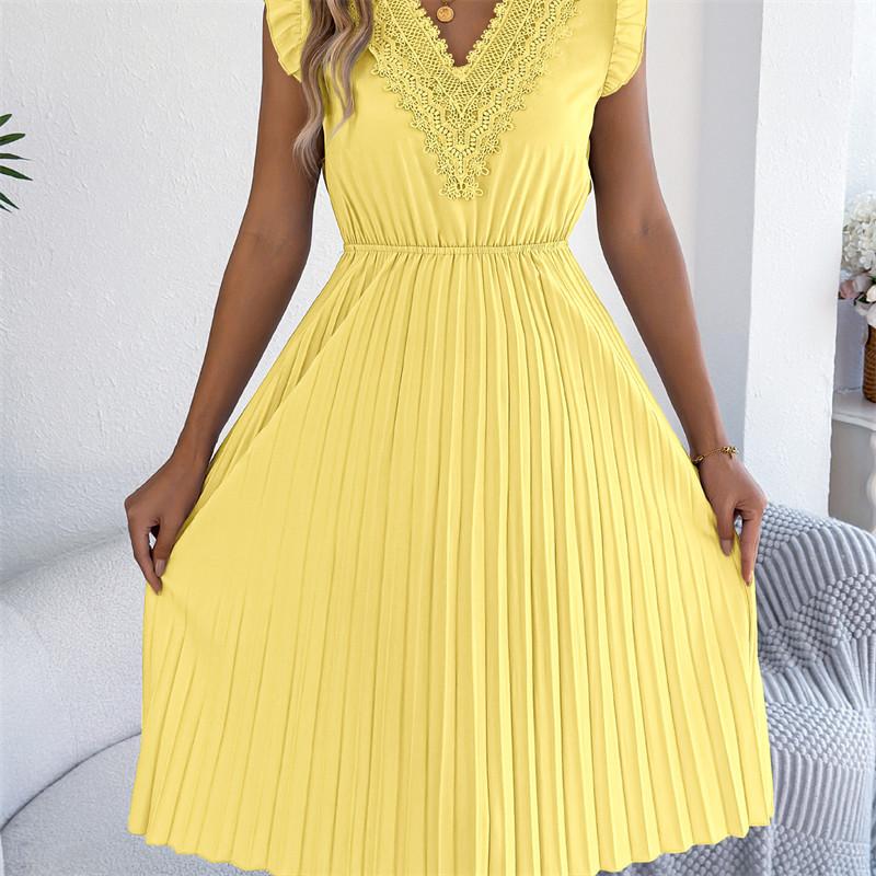 2026 Spring/Summer Women's Lace V-neck Black Ear Edge Waist Pleated Dress S-XL