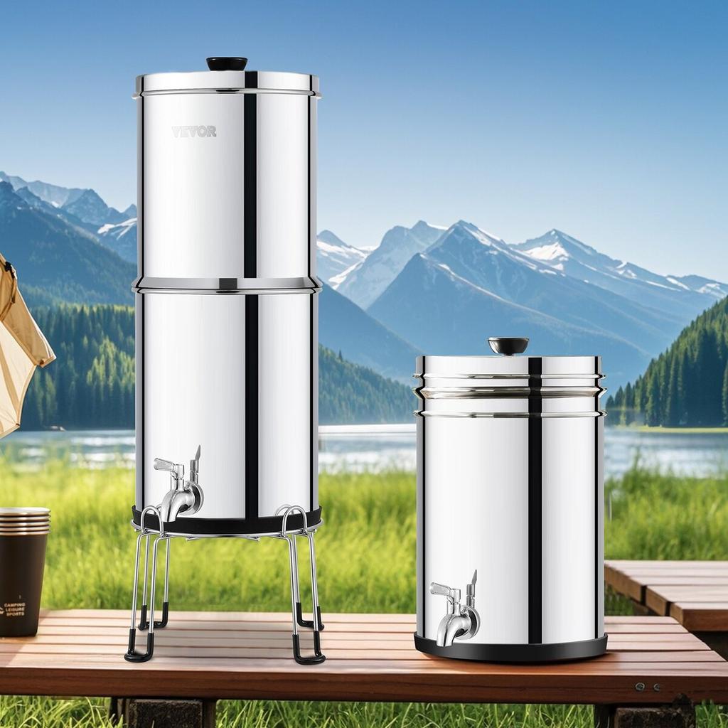 Gravity-fed Water Filter System, 2.25G 304 Stainless-Steel Countertop Water Filtration System, Reduces Lead and up to 99% of Chlorine, with 2 Ceramic