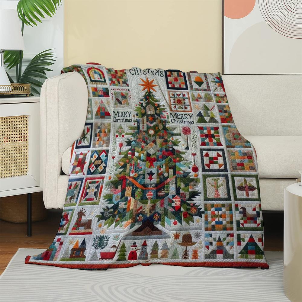 Vintage Quilted Christmas Tree & Patchwork Fleece Blanket Merry Christmas Festive Winter Throw Blanket Soft for Holiday Gift