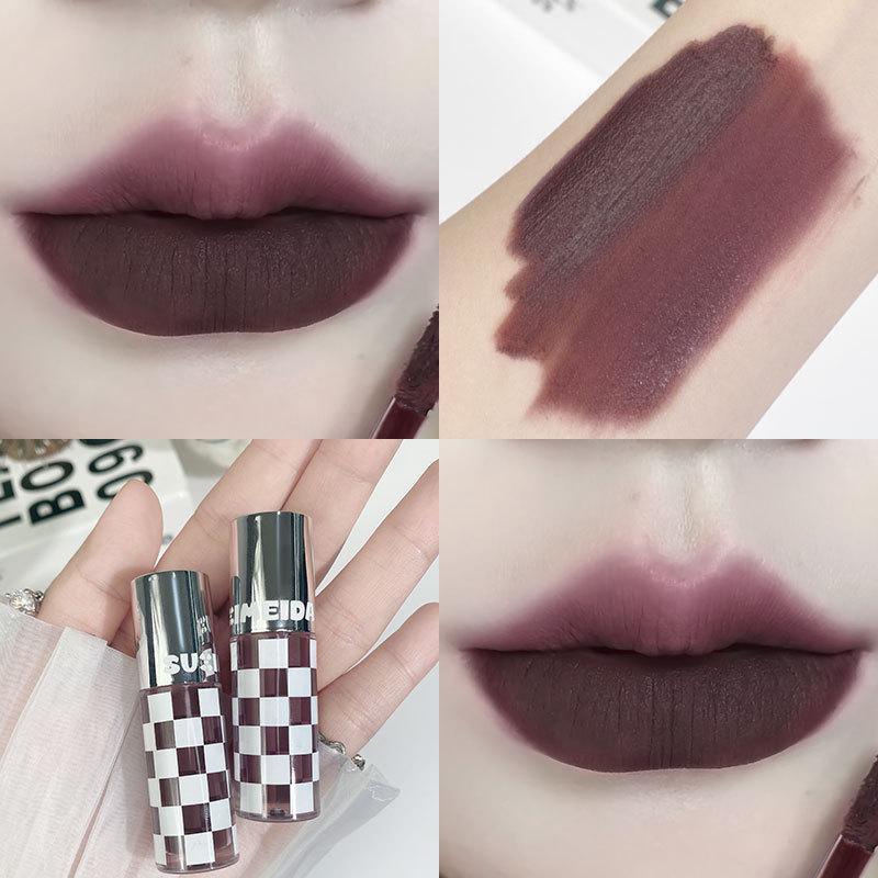 Dark Chic Velvet Lip Glaze - Checkered Matte, Ideal for Parties and Students