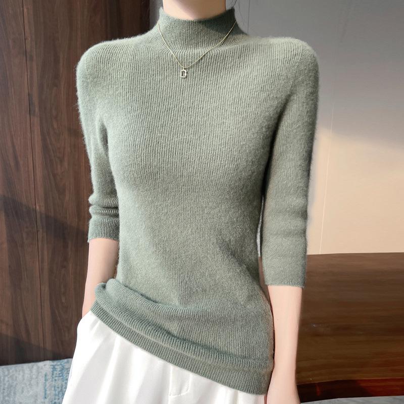 

Spring Women s Slim Fit Half-High Neck Knit Sweater with Mid-Sleeves L